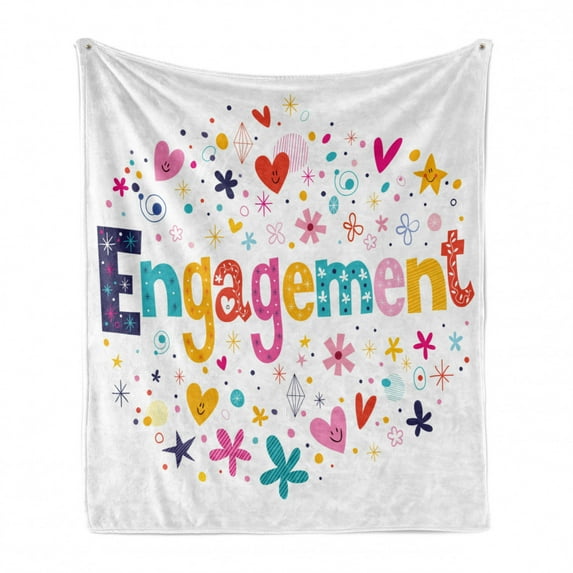 Engagement Party Soft Flannel Fleece Blanket, Cartoon Patchwork Inspired Hearts Engagement Party Theme Image Art Print, Cozy Plush for Indoor and Outdoor Use, 50" x 60", Multicolor, by Ambesonne