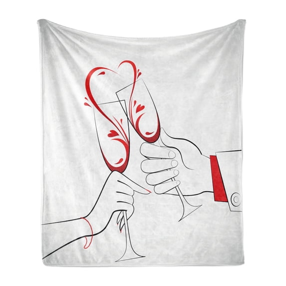 Engagement Party Soft Flannel Fleece Blanket, Couple Clinking Flute Glass of Wine Forming Heart Shape Splash, Cozy Plush for Indoor and Outdoor Use, 60" x 80", Scarlet and Pale Grey, by Ambesonne