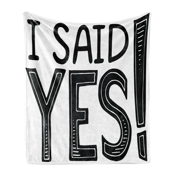 Engagement Party Soft Flannel Fleece Blanket, I Said Yes Words Happiness Striped Letters Announcement Artwork Print, Cozy Plush for Indoor and Outdoor Use, 70" x 90", Black and White, by Ambesonne