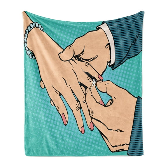 Engagement Party Soft Flannel Fleece Blanket, Pop Art Movement Inspired Retro Style Dotted Design Man Putting the Ring, Cozy Plush for Indoor and Outdoor Use, 60" x 80", Multicolor, by Ambesonne