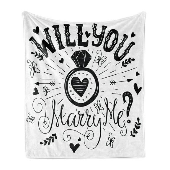 Engagement Party Soft Flannel Fleece Blanket, Western Themed Will YOu Marry Me Words with Hearts Celebration Image, Cozy Plush for Indoor and Outdoor Use, 60" x 80", Black and White, by Ambesonne
