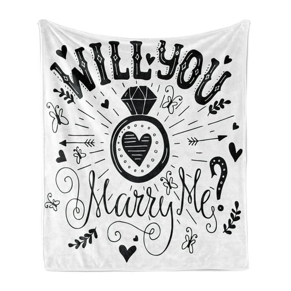 Engagement Party Soft Flannel Fleece Blanket, Western Themed Will YOu Marry Me Words with Hearts Celebration Image, Cozy Plush for Indoor and Outdoor Use, 60" x 80", Black and White, by Ambesonne