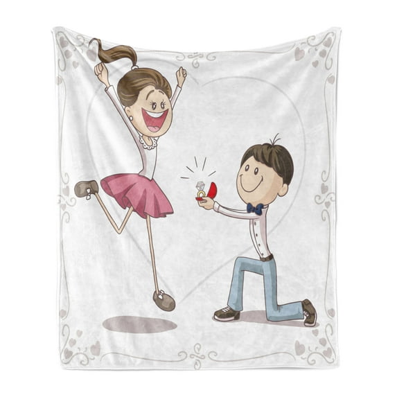 Engagement Party Soft Flannel Fleece Throw Blanket, Celebration Cartoon of Romantic Couple with Wedding Ring, Cozy Plush for Indoor and Outdoor Use, 60" x 80", Pink Blue and White, by Ambesonne