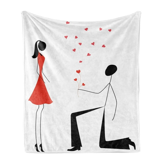 Engagement Party Soft Flannel Fleece Throw Blanket, Celebration Modern Minimalist Design Couple with Heart Flowers, Cozy Plush for Indoor and Outdoor Use, 50" x 60", Black White and Red, by Ambesonne