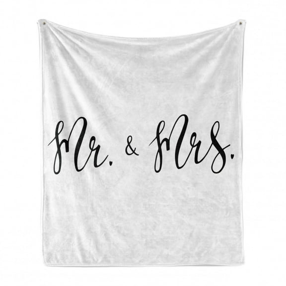 Engagement Party Soft Flannel Fleece Throw Blanket, Simplistic Mr and Mrs Text Caligraphic Fountain Pen Writing Design, Cozy Plush for Indoor and Outdoor Use, 50" x 60", Black and White, by Ambesonne