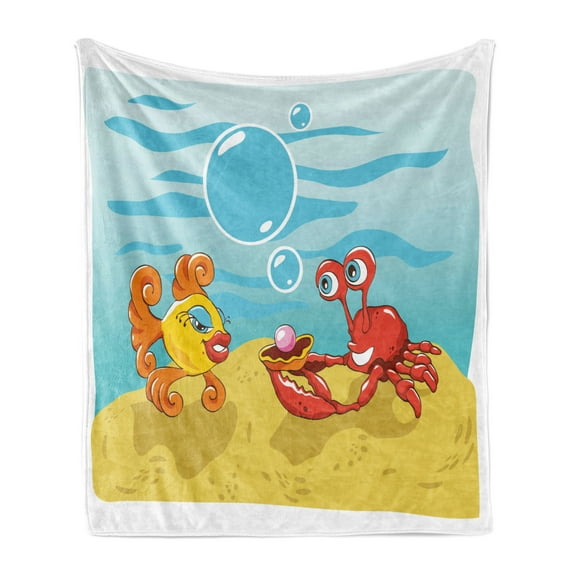 Engagement Party Soft Flannel Fleece Throw Blanket, Under the Sea Cartoon Fish and Crab with Sand Pearl Proposing, Cozy Plush for Indoor and Outdoor Use, 60" x 80", Yellow Red and Blue, by Ambesonne
