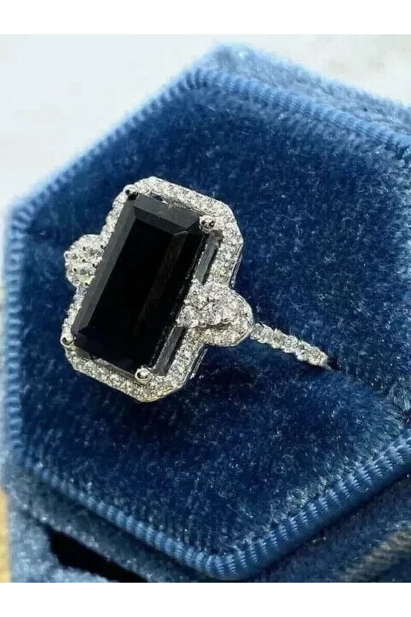 Engagement Ring 14K White Gold Plated 3Ct Emerald Lab-Created Black Diamond