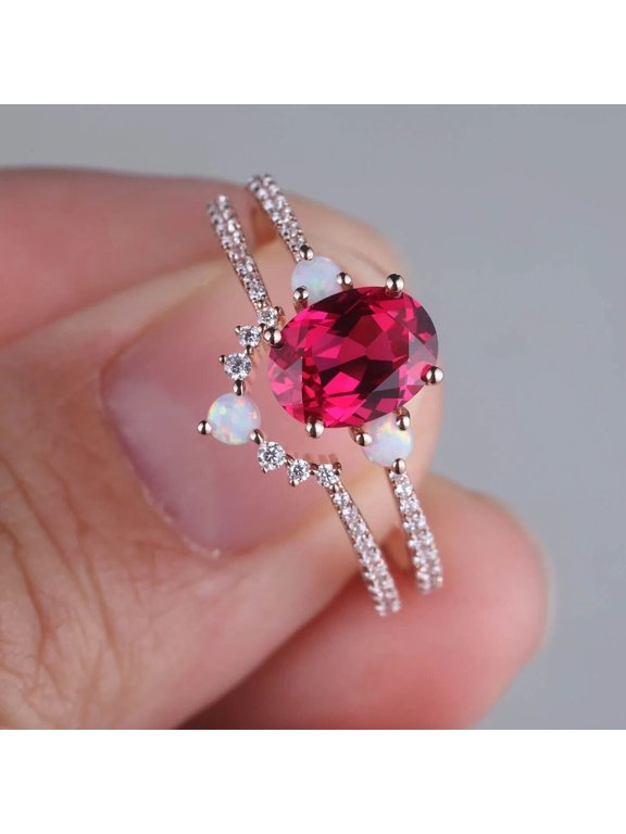 Bridal Wedding Ring Set, Natural Ruby Ring Set, 4 ct, 14k Rose Gold