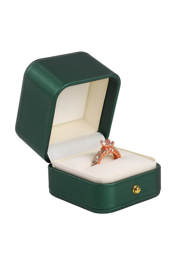 Engagement Ring Box Green, Square Leather Velvet Ring Bearer Box, Premium Gorgeous Vintage Single Slot Ring Box for Proposal, Wedding, Ceremony, Anniversary, Gift