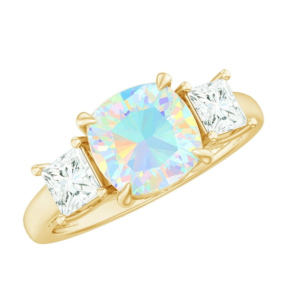 Rosec Jewels Engagement Ring - Cushion Cut Ethiopian Opal Solitaire Ring with Moissanite (AAA Quality), 10K Yellow Gold, US 8.00