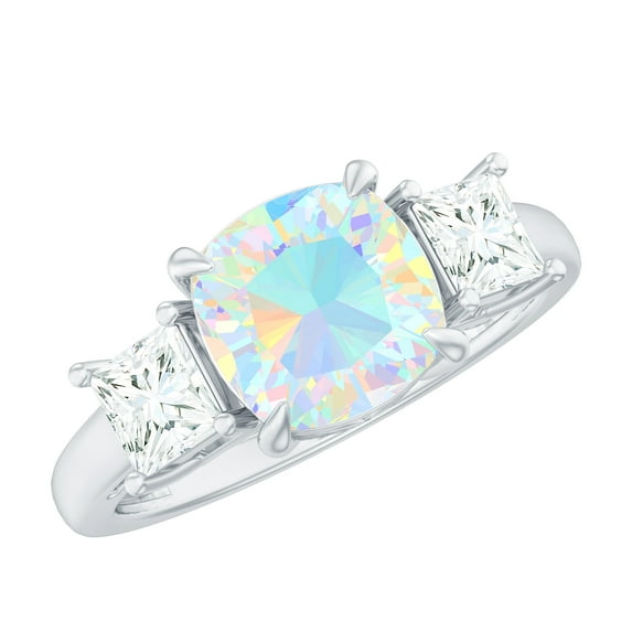 Rosec Jewels Engagement Ring - Cushion Cut Ethiopian Opal Solitaire Ring with Moissanite (2.75 CT), 18K White Gold, US 10.50
