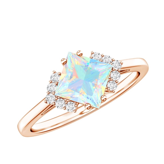 Rosec Jewels Natural Ethiopian Opal Engagement Ring for Women - Princess Cut Opal Diamond Ring - AAA Quality - with Jewelry Box, 10K Rose Gold, US 7.50