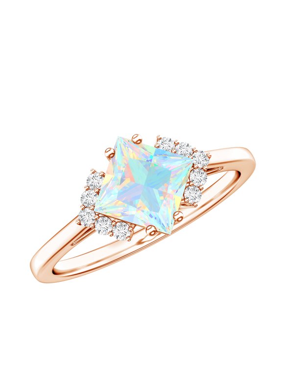 Natural Ethiopian Opal Engagement Ring for Women - Princess Cut Opal Diamond Ring - AAA Quality - with Jewelry Box, 10K Rose Gold, US 8.00