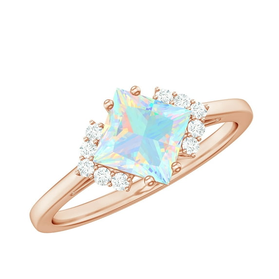 Rosec Jewels Natural Ethiopian Opal Engagement Ring for Women - Princess Cut Opal Diamond Ring - AAA Quality - with Jewelry Box, 14K Rose Gold, US 4.00