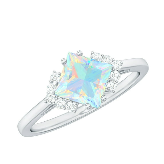 Rosec Jewels Natural Ethiopian Opal Engagement Ring for Women - Princess Cut Opal Diamond Ring - AAA Quality - with Jewelry Box, 925 Sterling Silver, US 4.00