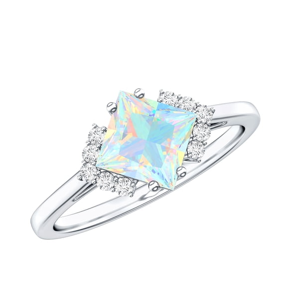 Rosec Jewels Natural Ethiopian Opal Engagement Ring for Women - Princess Cut Opal Diamond Ring - AAA Quality - with Jewelry Box, 925 Sterling Silver, US 4.00