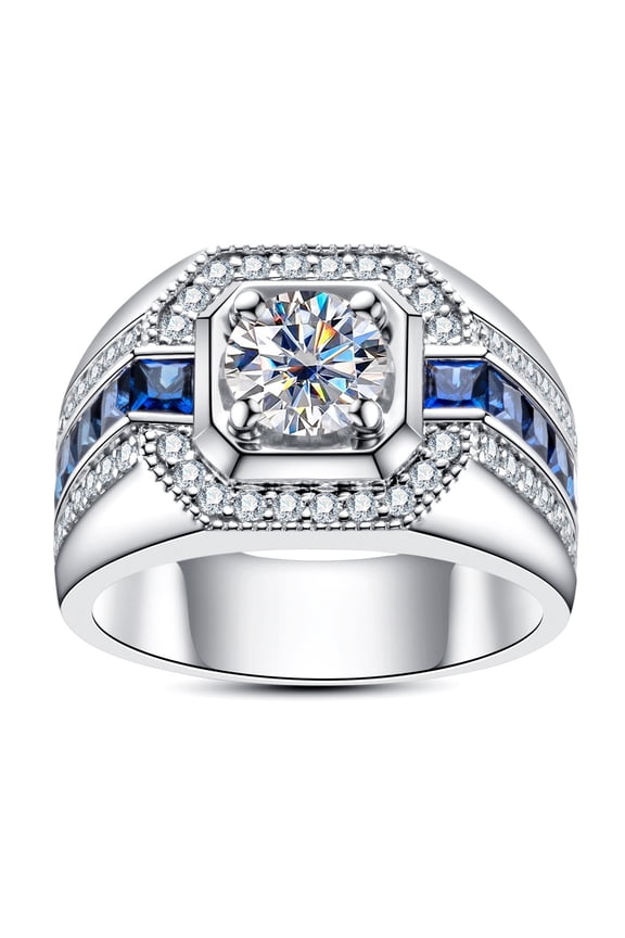 Engagement Ring For Men, Mens Halo Diamond Wedding Anniversary Ring, Blue Sapphire Solitaire With Accent Mens Ring, 925 Sterling Silver, 2.5 Ct Simulated Diamond And Sapphire