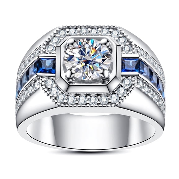 Engagement Ring For Men, Mens Halo Diamond Wedding Anniversary Ring, Blue Sapphire Solitaire With Accent Mens Ring, 925 Sterling Silver, 2.5 Ct Simulated Diamond And Sapphire