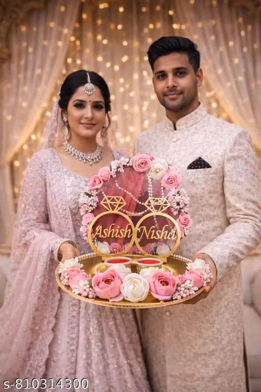 Engagement Ring Platter with Customized Name | Wedding Ring Platter | Marriage Decor | Engagement Tray | Saggi Thali ,Ring thali with couple name and date