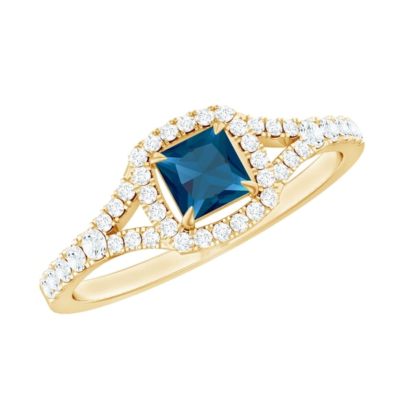 Rosec Jewels London Blue Topaz Princess Cut Engagement Ring - Natural Blue Topaz Diamond Ring - AAA Quality - with Jewelry Box, 18K Yellow Gold, US 8.50