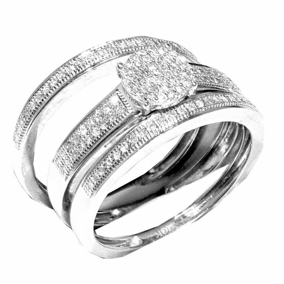 Engagement Ring With Matching Wedding Bands Set 10K White Gold 3pc 1/4cttw (I/j Color 0.25cttw)