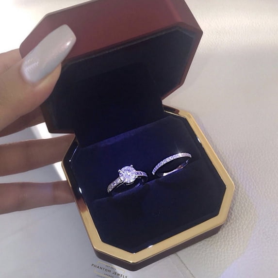 Engagement Rings for Women, 1.5 Carat Plated Cubic Zirconia Two-In-One Wedding Engagement Promise Eternity Ring Set for Women Size 5-11 Father’s Day Gift