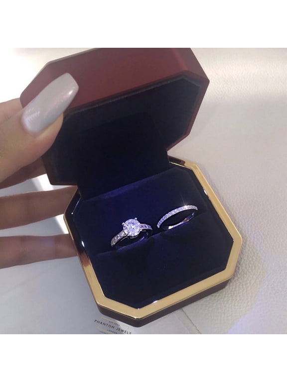 Engagement Rings for Women, 1.5 Carat Plated Cubic Zirconia Two-In-One Wedding Engagement Promise Eternity Ring Set for Women Size 5-11 Father’s Day Gift