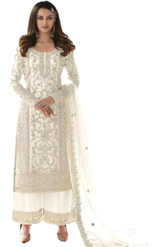 Engagement Wear Indian Shalwar Kameez Suits Pakistani Designer Palazzo Dress ( White, XL - 44 )