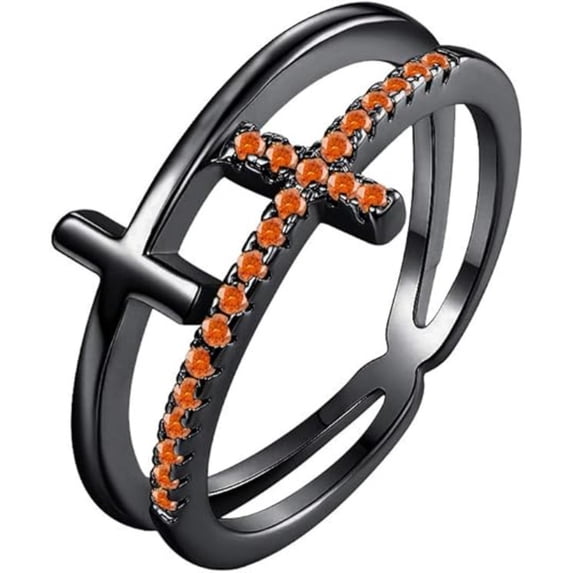 Engagement Wedding 925 Sterling Silver 14K Black Gold Plating Round Cut Orange Sapphire Christmas Special Double Cross Ring For Women