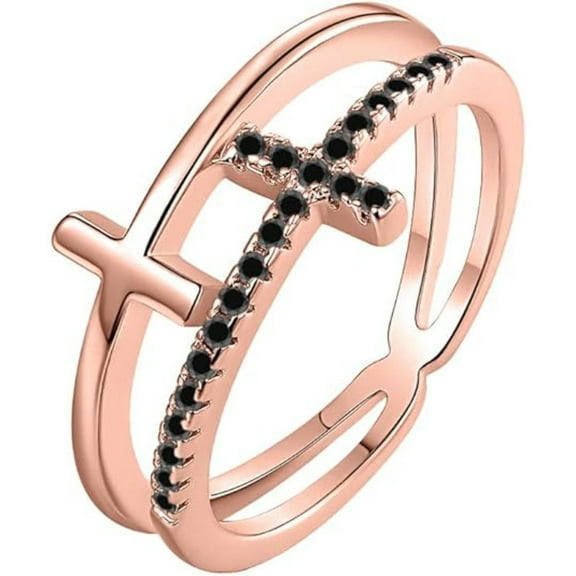 Engagement Wedding 925 Sterling Silver 14K Rose Gold Plating Round Cut Black Diamond Christmas Special Double Cross Ring For Women
