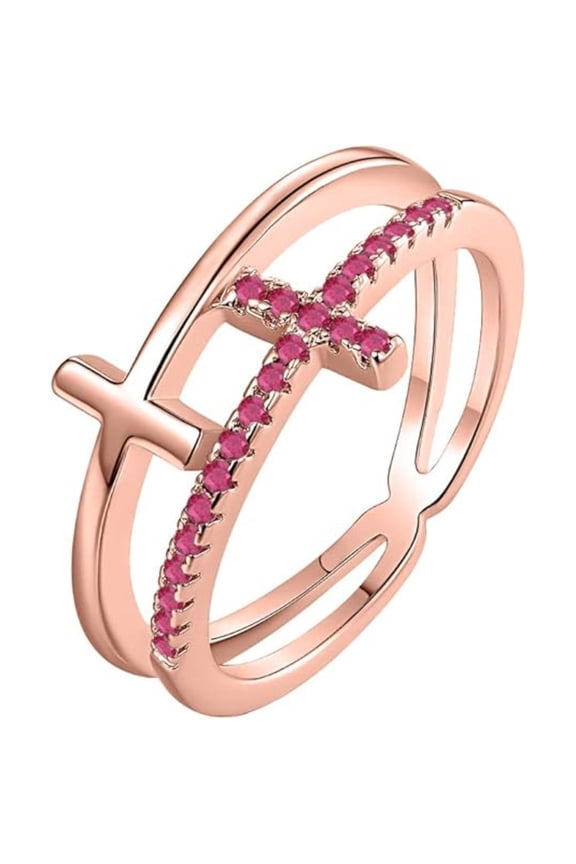 Engagement Wedding 925 Sterling Silver 14K Rose Gold Plating Round Cut Pink Ruby Christmas Special Double Cross Ring For Women