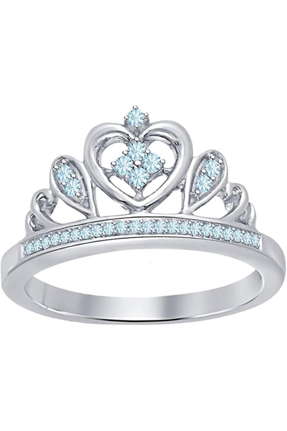 Engagement Wedding 925 Sterling Silver 14K White Gold Plating Round Cut Aquamarine Tiara Queen Crown Heart Shaped Ring For Women
