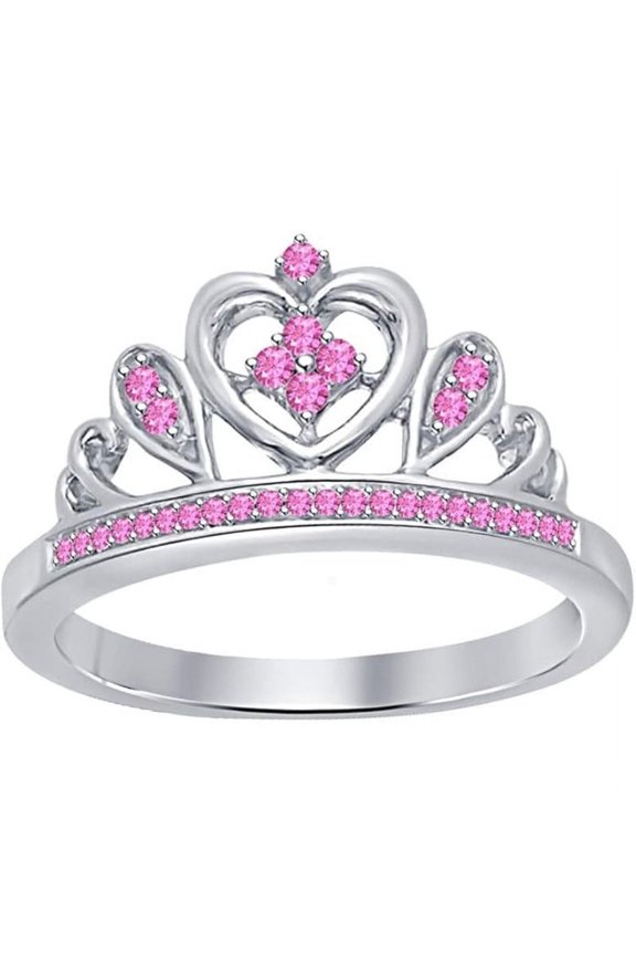 Engagement Wedding 925 Sterling Silver 14K White Gold Plating Round Cut Pink Sapphire Tiara Queen Crown Heart Shaped Ring For Women