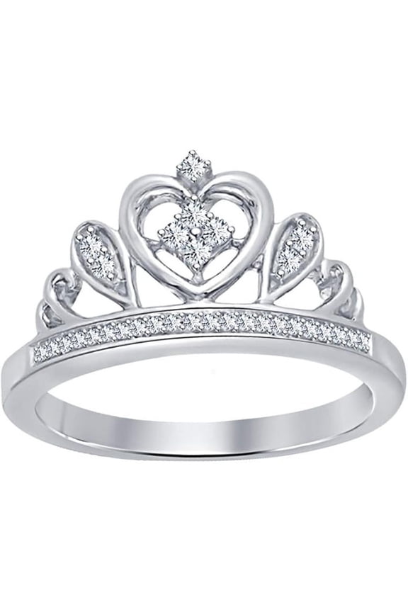 Engagement Wedding 925 Sterling Silver 14K White Gold Plating Round Cut White Diamond Tiara Queen Crown Heart Shaped Ring For Women