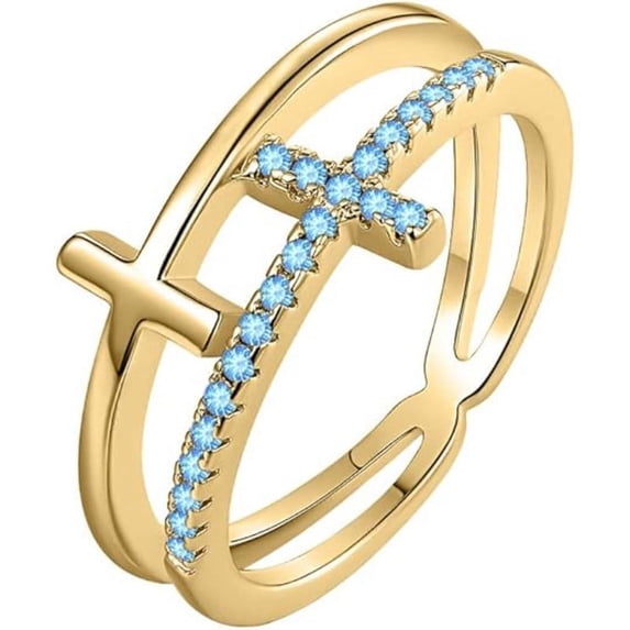 Engagement Wedding 925 Sterling Silver 14K Yellow Gold Plating Round Cut Blue Topaz Christmas Special Double Cross Ring For Women