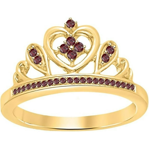 Engagement Wedding 925 Sterling Silver 14K Yellow Gold Plating Round Cut Red Garnet Tiara Queen Crown Heart Shaped Ring For Women