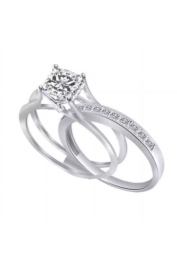 Engagement Wedding Band Ring Set - Princess Cut Simulated Diamond, Sterling Silver