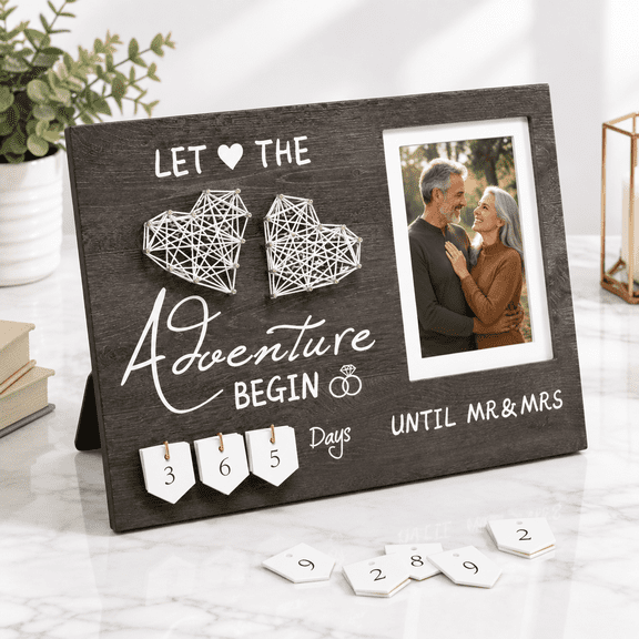 Engagement Wedding Countdown Picture Frame For Couples, Vintage Brown Wood Photo Display