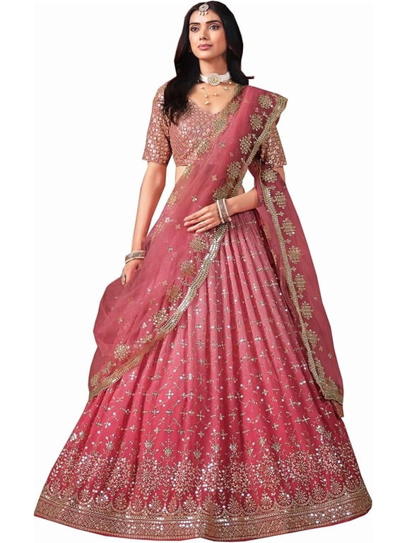 Engagement & Wedding Function Wear Heavy Worked Beautiful Lehenga Choli With Dupatta ( Peach, M - 40 )