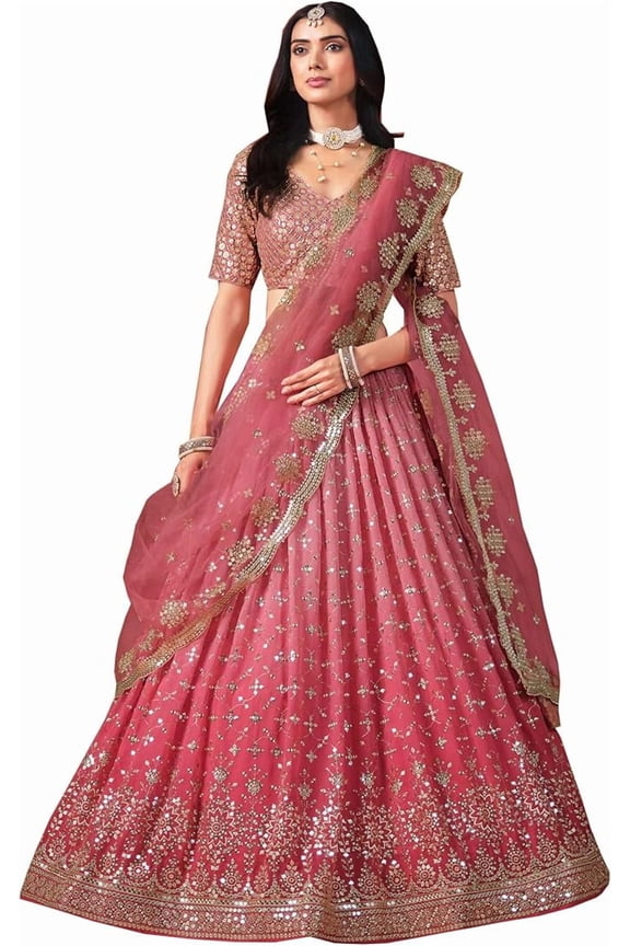 Engagement & Wedding Function Wear Heavy Worked Beautiful Lehenga Choli With Dupatta ( Peach, M - 40 )