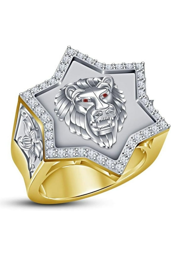Engagement Wedding Lion Head Band Ring for Men 925 Sterling Silver 14K Yellow Gold Plating Round Cut White Diamond