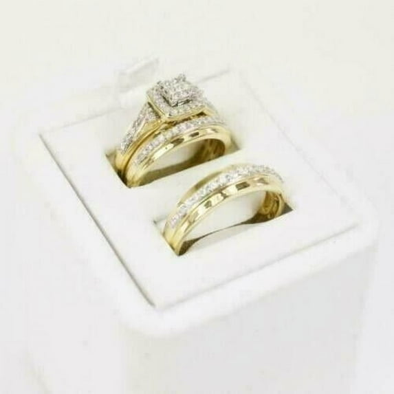 Engagement Wedding Trio Ring Set For Couple - Round Cut Diamond 14k Yellow Gold Plated Silver Anniversary Gift