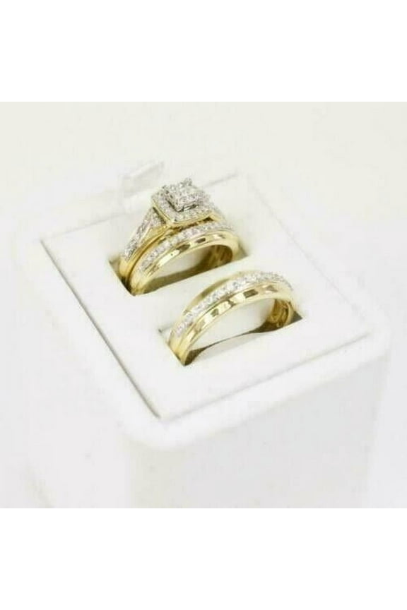 Engagement Wedding Trio Ring Set For Couple - Round Cut Diamond 14k Yellow Gold Plated Silver Anniversary Gift