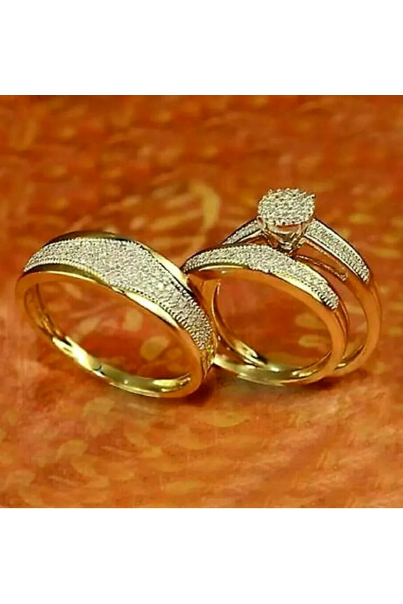 Engagement Wedding Trio Ring Set For Men & Women - His & Her White Round Diamond Trio Band Rings - 14k Yellow Gold Plated Couple Ring