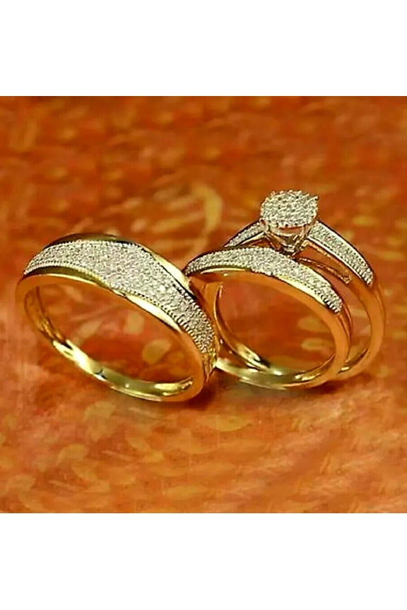 Engagement Wedding Trio Ring Set For Men & Women - His & Her White Round Diamond Trio Band Rings - 14k Yellow Gold Plated Couple Ring