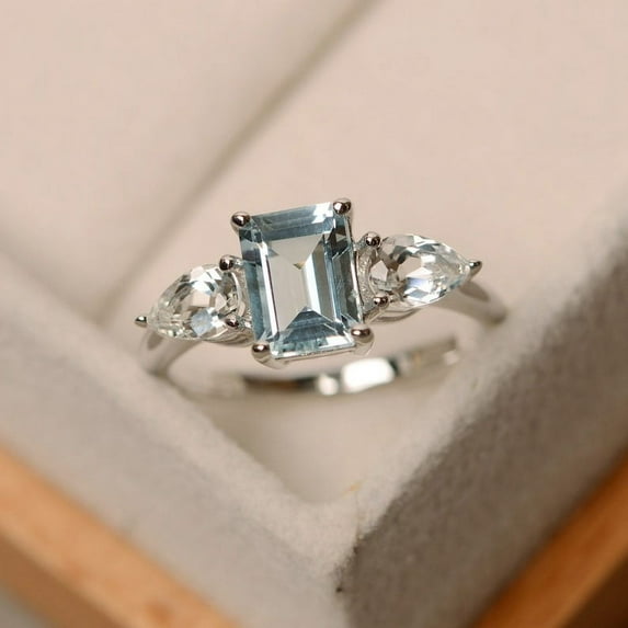 Engagement ring, natural aquamarine ring, oval cut blue gemstone, March birthstone, sterling silver ring
