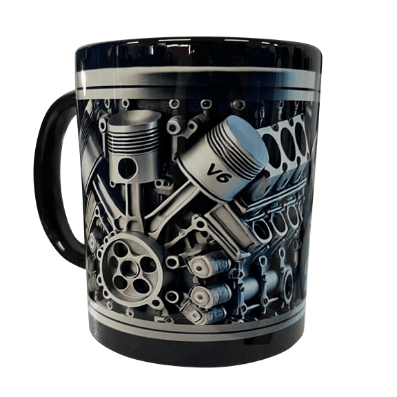 Engine Block Shaped Ceramic Mug With V8 Engine Design Sculpted Handle And Detailed Mechanical Motif For Home Or Office Use