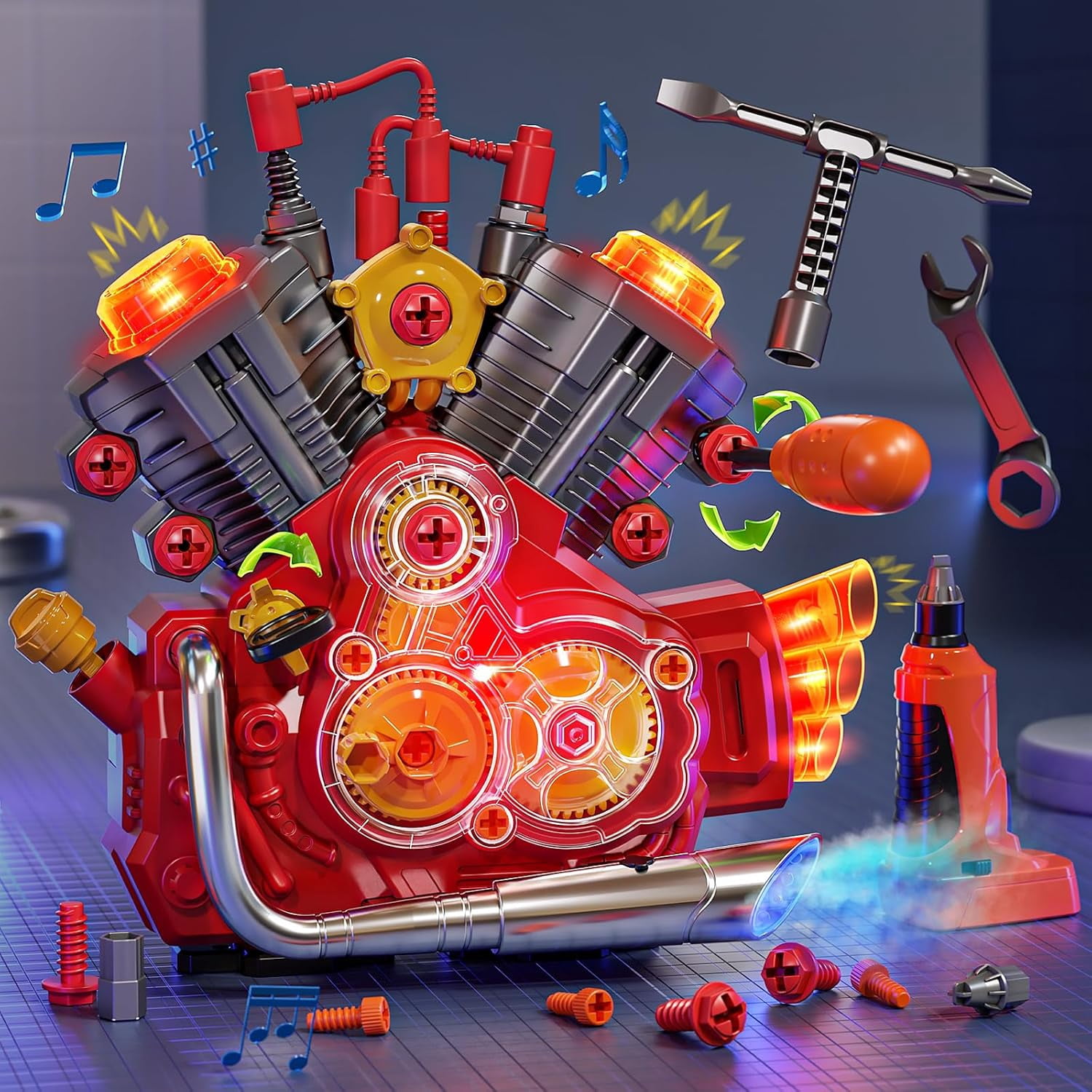 Engine Building Kit, Kids Mechanic Toys for Motorcycle Engine Toy, STEM Engine Model Kit Toy with Cool Light and Music, Educational Science Building for Boys Age 3+Year Old Mechanic Tools
