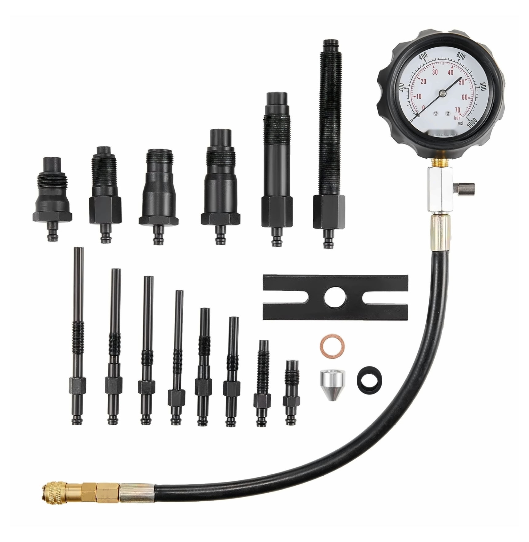 Engine Compression Tester Kit, 18 Pcs Cylinder Pressure Test Tool with 0-1000 PSI Gauge & Adapters - for Trucks, Tractors, Motorcycles, ATVs, Automotive Diagnostics