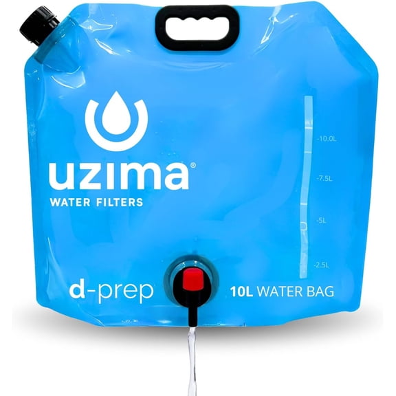 Uzima D-Prep Emergency Water Storage Container 10L Collapsible Water Bladder with Printed Instructions for Camping, Hiking, Survival, Disaster Kits, and Gravity Filtration Systems